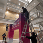 Workers installing custom printed doorways at an event